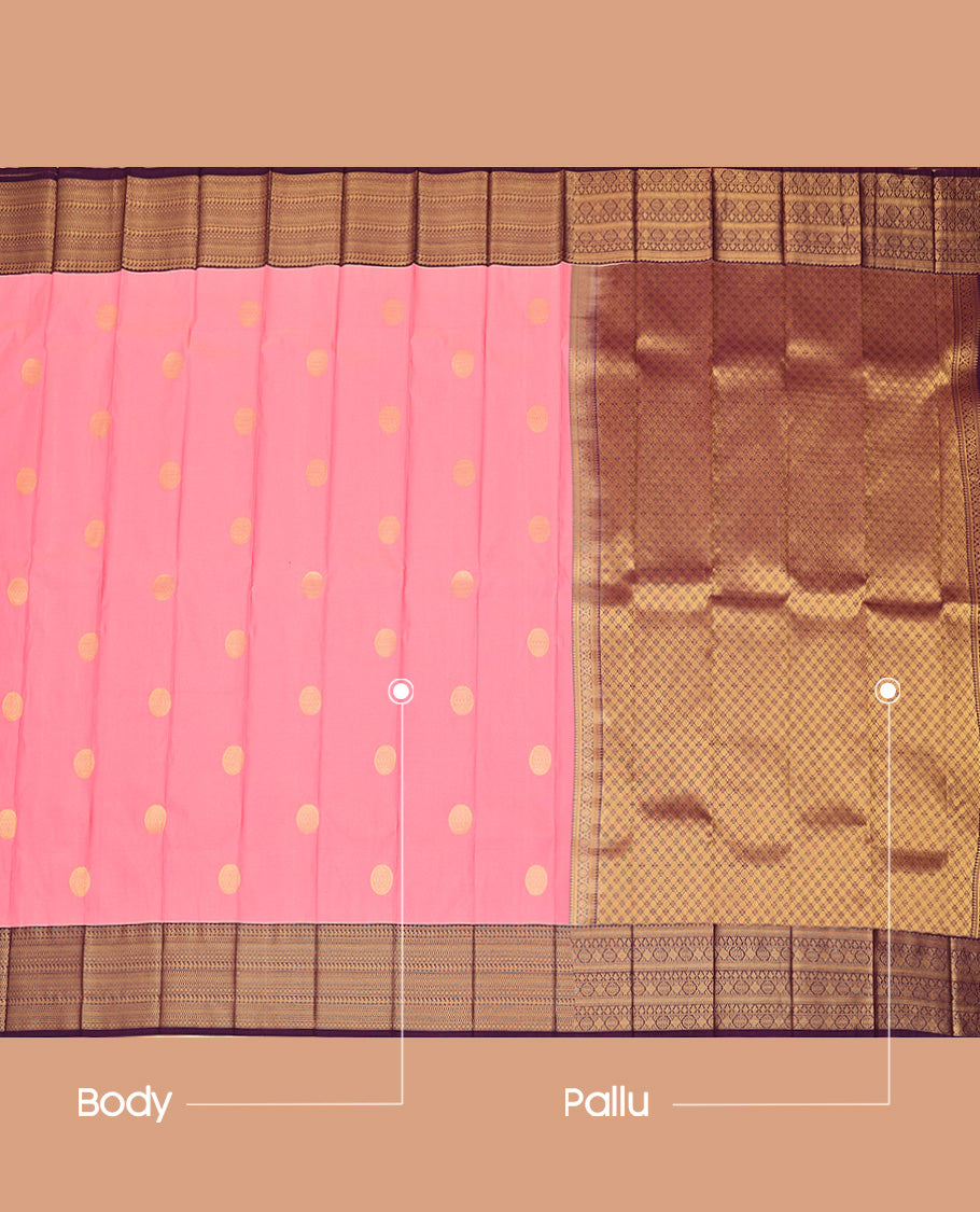 Pink Beautified with Zari Buttas All Over Its Body, Complemented by Captivating Contrast Traditional Zari Designs Woven Border, Grand Jaal Pallu and Paired with a Contrast Blouse