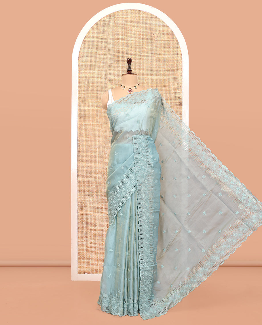 Blue Organza Saree, Masterfully Woven with Floral Embroidery, a Scallop Floral Cut-Work Embroidery Border, and a Matching Blouse
