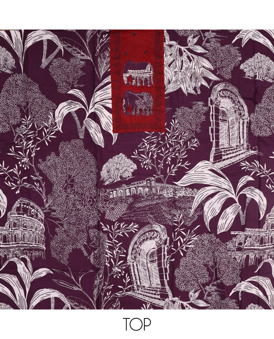 Purple Material Chudidar Set, Adorned with Tropical Floral and Building Print and Neck Embroidery on Cotton Top, a Contrast Plain Cotton Bottom, and Paired with a Geometric Printed Matching Cotton Dupatta