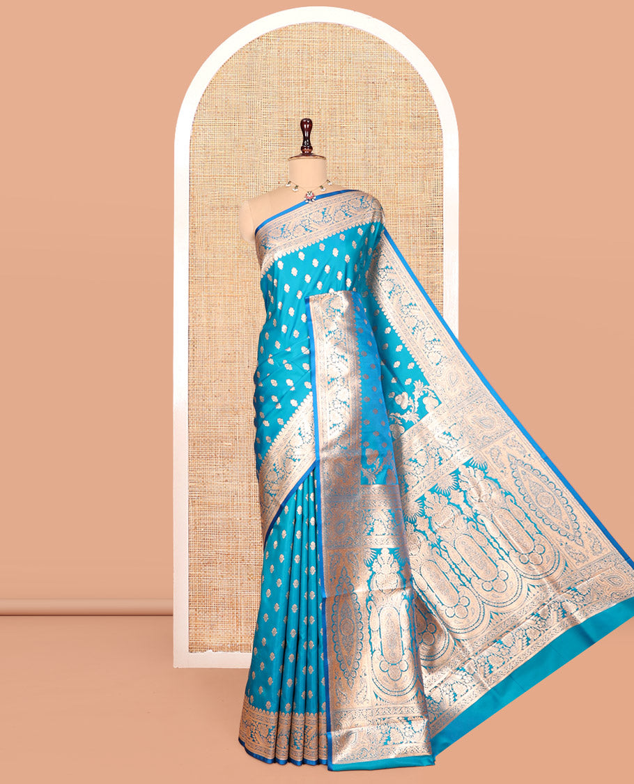 Blue Banarasi Nylon Saree, Embellished with Jacquard, a Floral Creeper Zari Border, Intricate Pallu, and a Matching Blouse