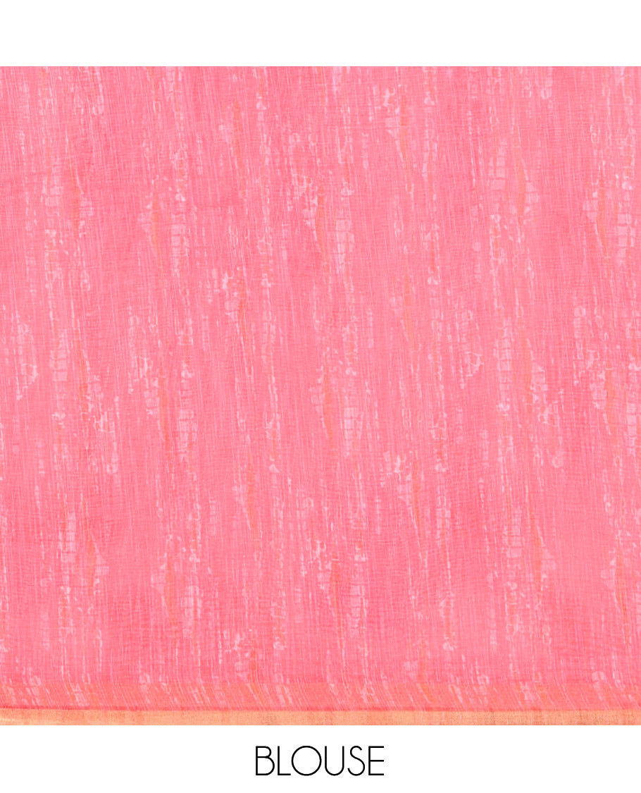 White-Pink Linen Cotton Saree, Decked Up with Shibori Print, a Piping Border, Shibori-Printed Pallu, and a Contrast Blouse