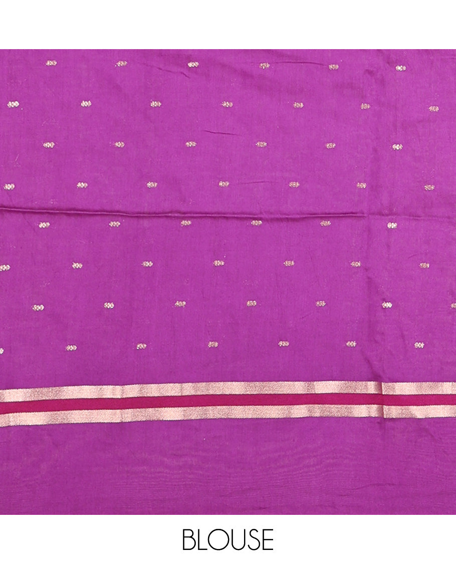 Purple Assam Silk Saree, Adorned with Buttas on Its Body, Highlighted by a Self-Border of Paithani-Style Floral-Bird Motifs, Zari Striped Pallu, and Paired with a Matching Blouse