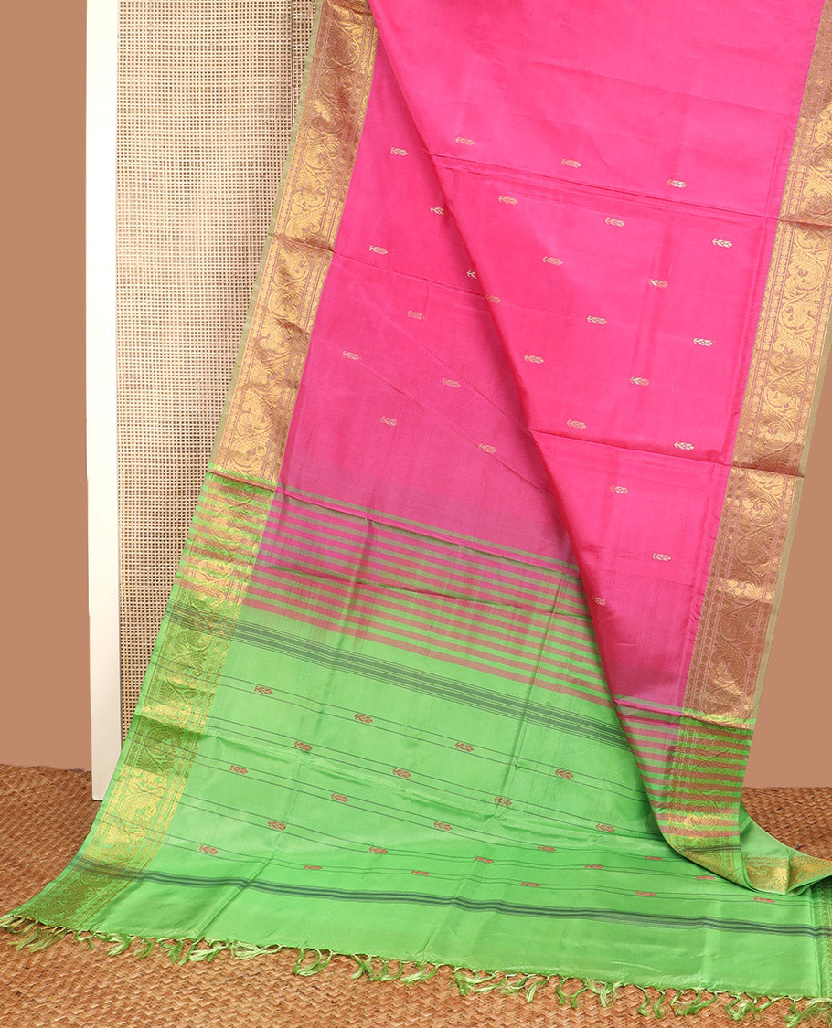 Pink Banana Pith Saree, Enriched with Buttas All Over Its Body, Complemented by a Contrast Border of Floral and Peacock Zari Designs, Pallu Steeped with Stripes and Buttas, and Paired with a Contrast Blouse