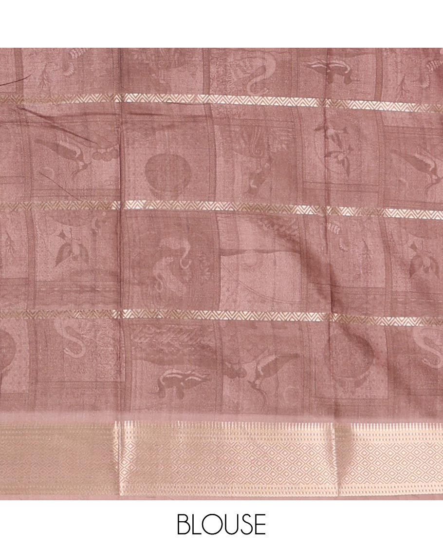 Light blue horizontal zari striped with bird motifs printed soft tusser saree, traditional zari border & geometric printed pallu