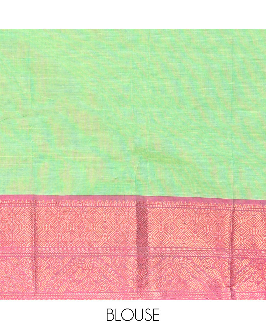 Green Chettinad Cotton Saree, Sparsely Designed with Stripes All Over Its Body, Complemented by a Contrast Traditional Zari Design Border, Pallu of Stripes, and Paired with a Matching Blouse