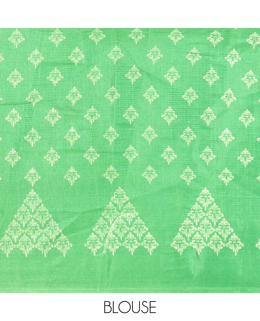 Blue stripes and unique motifs printed khadhi silk saree, contrast border and pallu features intricately printed triangle motifs