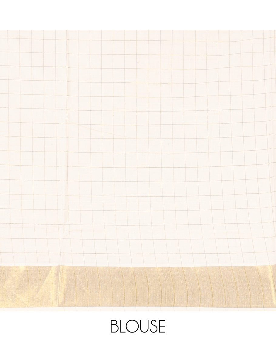 Cream Kerala Cotton Saree Subtly Woven with Checks All Over Its Body, Zari Bavanji Border, Zari Woven Pallu, and Paired with a Matching Blouse