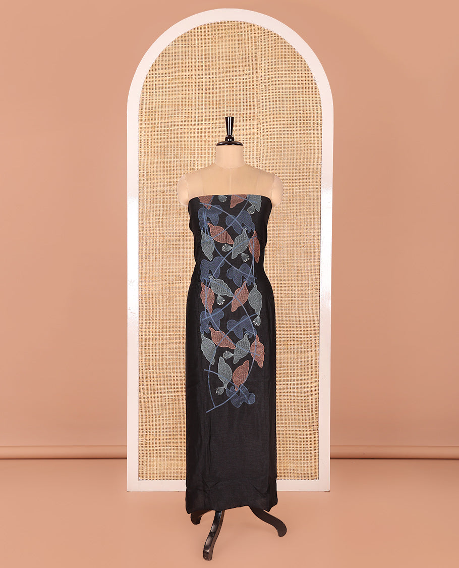 Black Vichitra Silk Designer Material Chudidar Set, Elegantly Embellished with Floral Cross-Stiched Embroidered Top, A Subtly Plain Santoon Bottom, and Paired with a Georgette Abstract Printed Dupatta