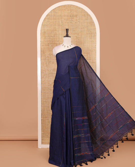 Borderless Navy blue vertical multi-color thread striped khadi jute linen saree, striped pallu & matching plain blouse
