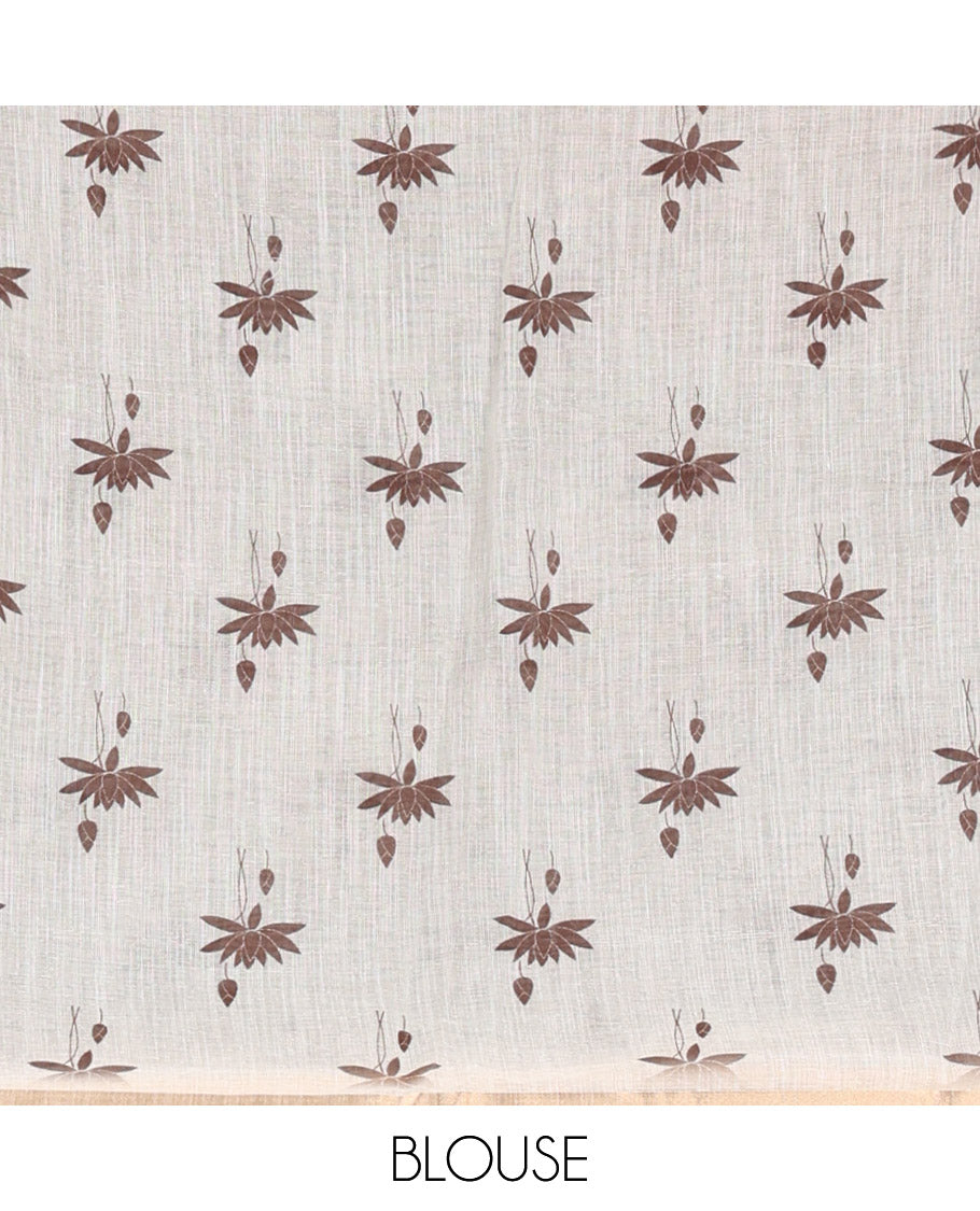 Brown Linen Cotton Saree, Accentuated with Pichwai Lotus Motifs Print, Subtle Piping Border, Pallu Mirrors the Same Pichwai Lotus Print, and Paired with a Contrast Pichwai Lotus Printed Blouse
