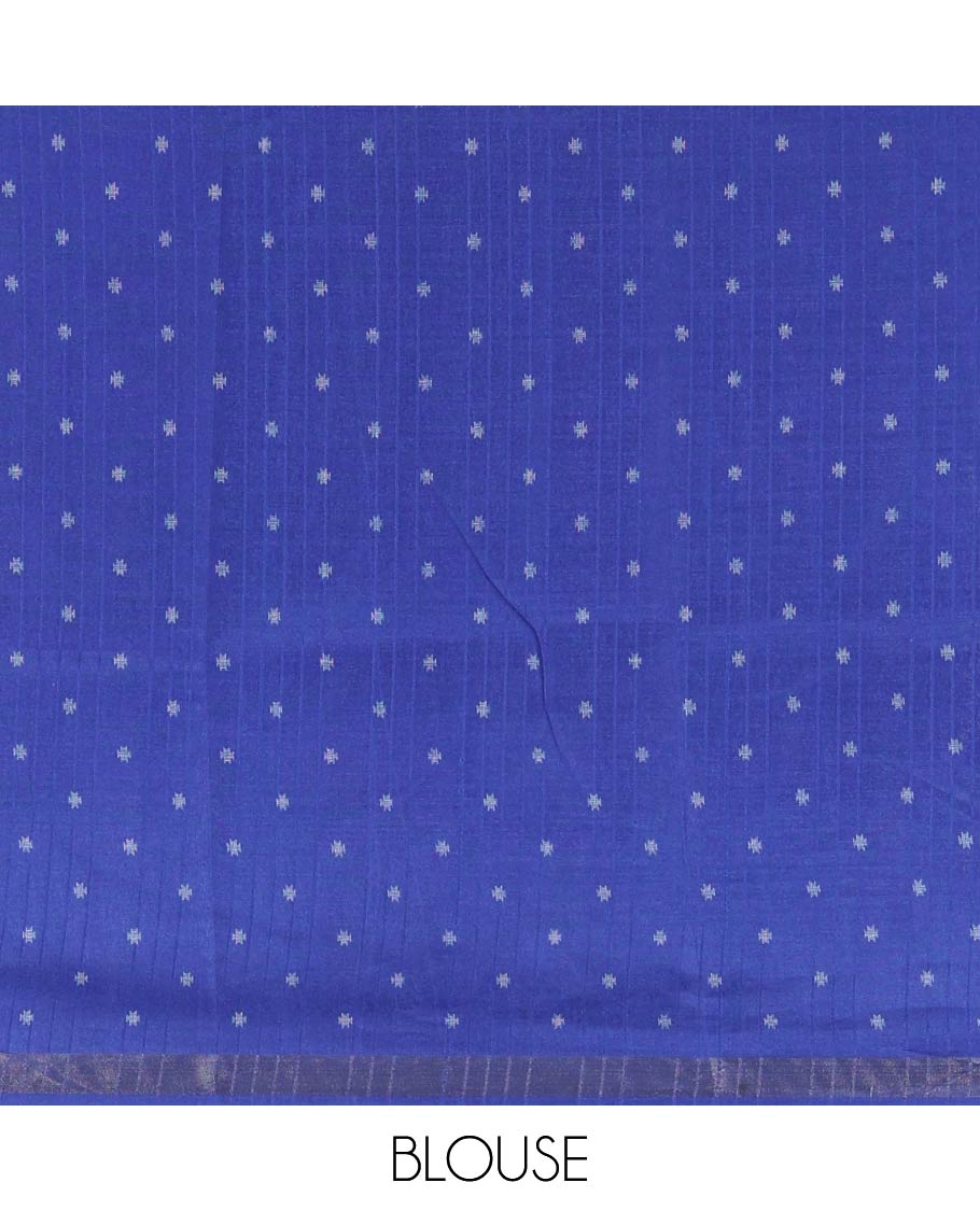 Pink and Blue Semi-Tussar Saree, Subtly Sparkled with Stripes, Temple Motifs, and Circle Motifs on Its Body, Complemented by a Contrast Border, and Pallu of Geometric Print, and Paired with a Contrast Blouse