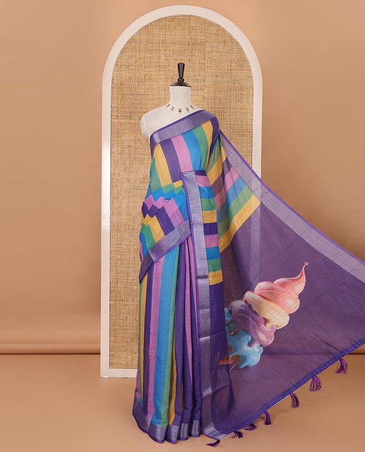 Violet-base colorful vertical stripes printed linen cotton saree, silver zari bavanji border, ice cream motifs printed pallu & contrast printed blouse