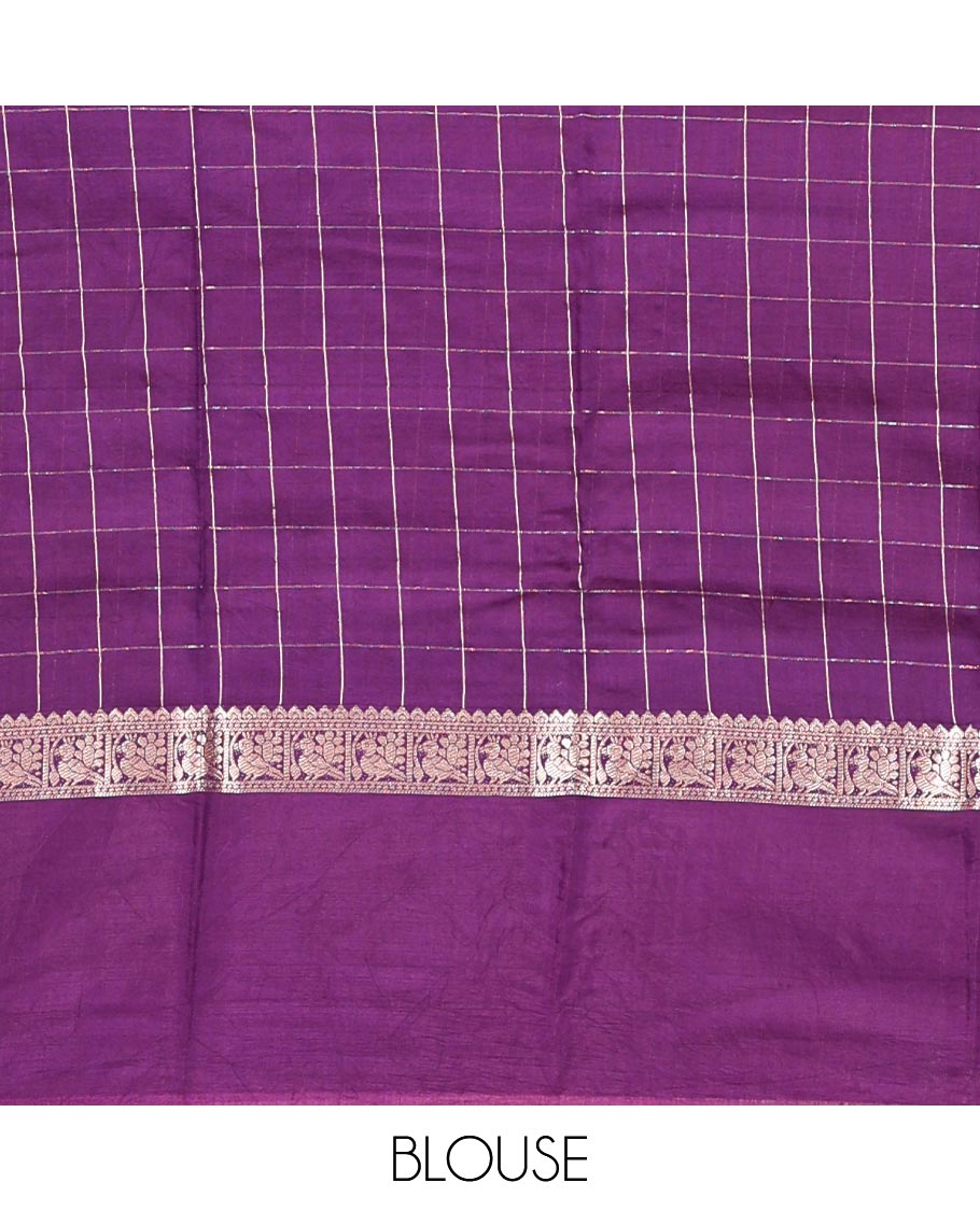 Yellow Assam Silk Saree, Sparsely Woven with Checks, Complemented by a Contrast Bird Motifs Zari Border, Zari-Striped Pallu, and a Contrast Blouse