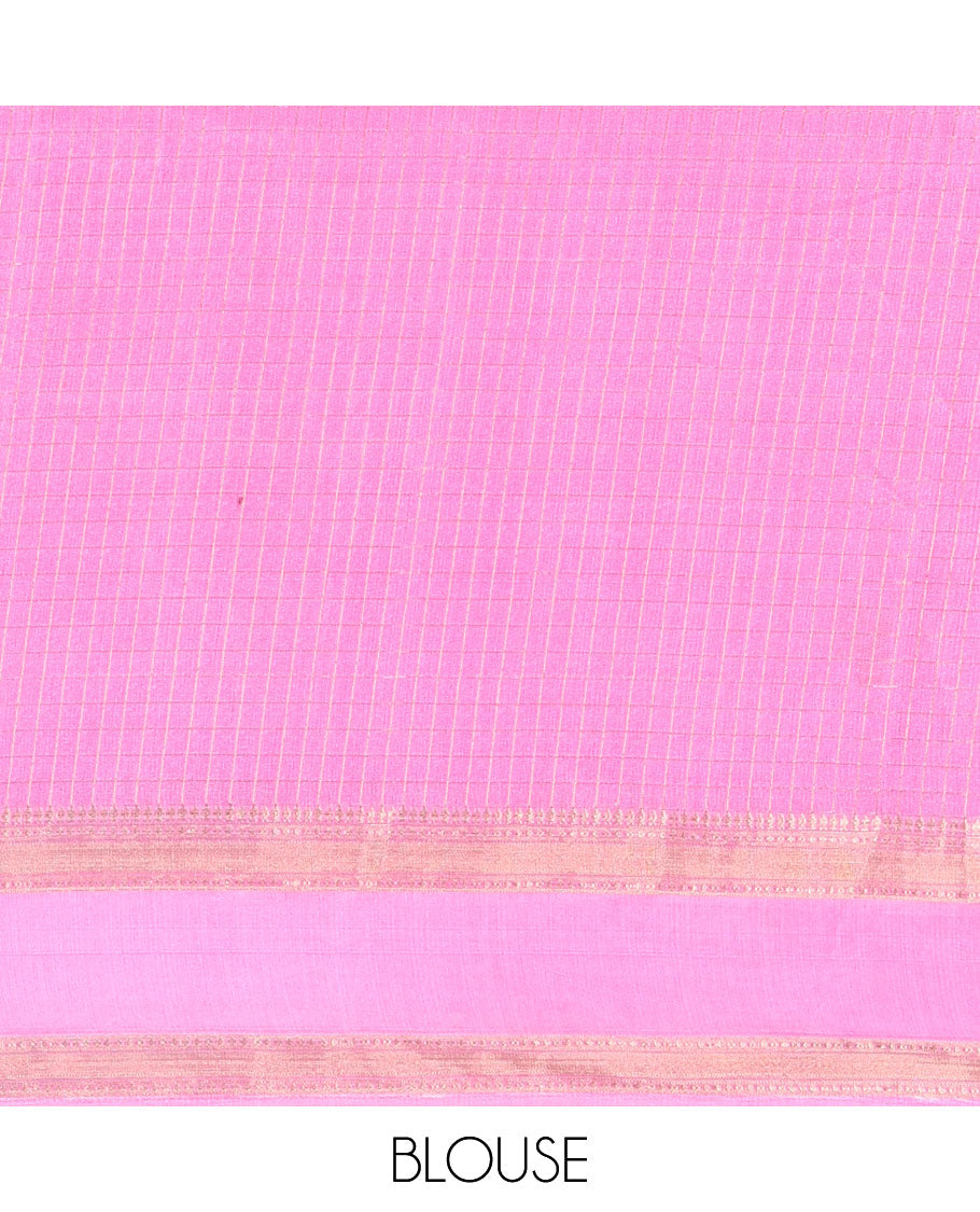 Blue and Pink Moss Chiffon Saree, Detailed with Zari Micro-Checked Design on Its Body, Complemented by Zari Traditional Design Rettai Pettu Border, Pallu Features Tree and Bird Designs, and Paired with a Contrast Blouse