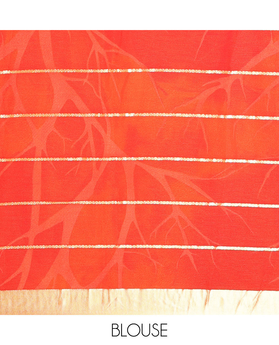 Orange digital print chiffon shimmer saree with lace border & self pallu along with printed blouse