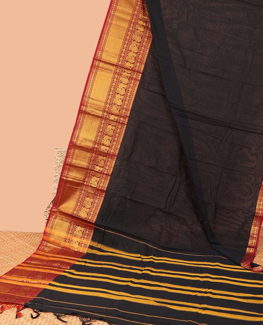 Black plain Narayanapet cotton saree, contrast traditional design border & striped pallu