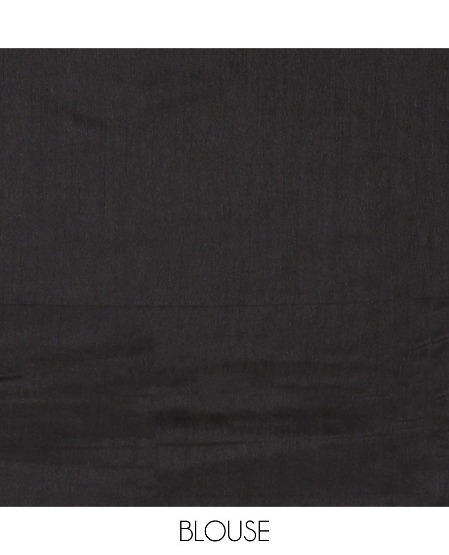 White and black artisans handblock printed jute cotton saree, micro-checked printed border & pallu, plain black blouse