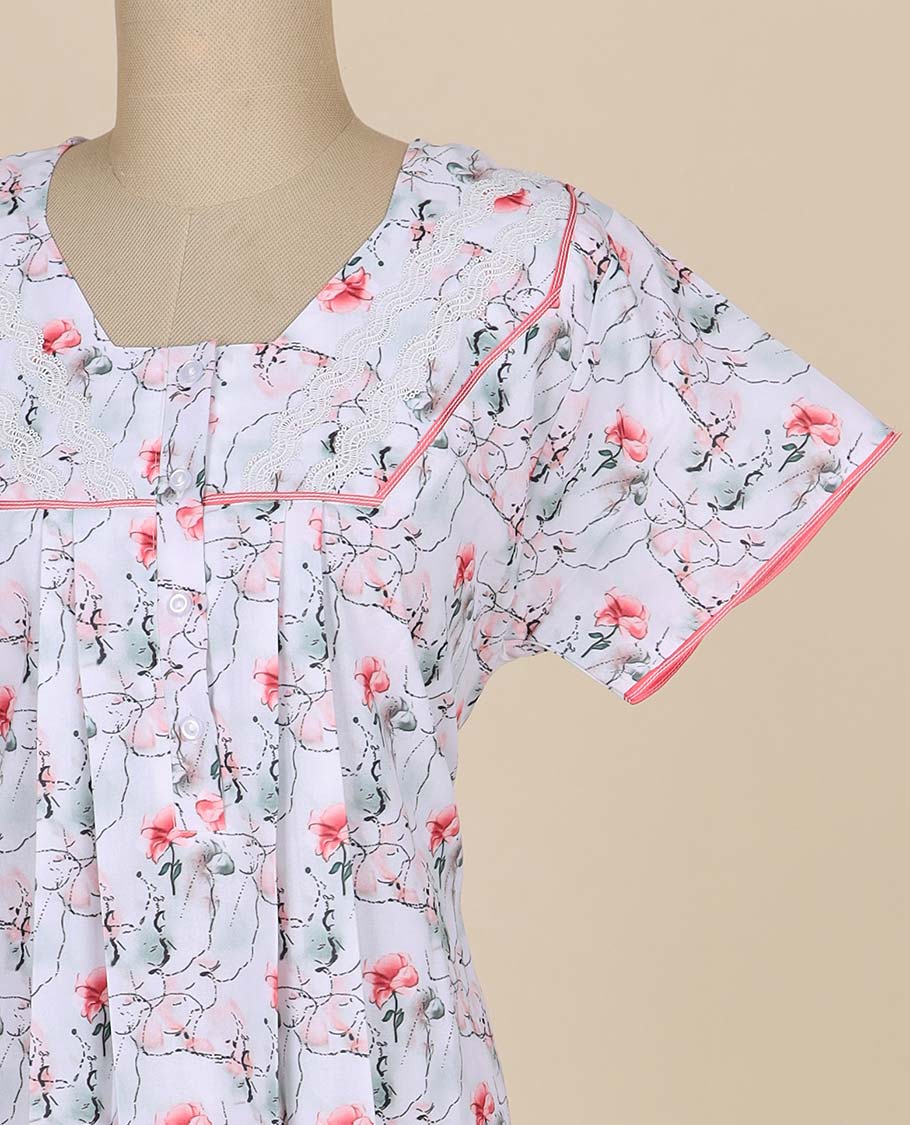 White floral printed & square neck cotton half-sleeve nighty