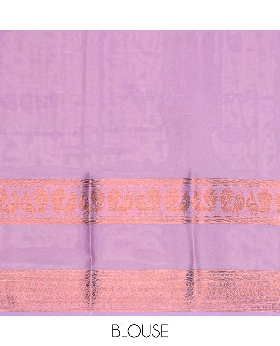 Light orange floral printed semi-banaras printed saree, contrast traditional design border & striped pallu