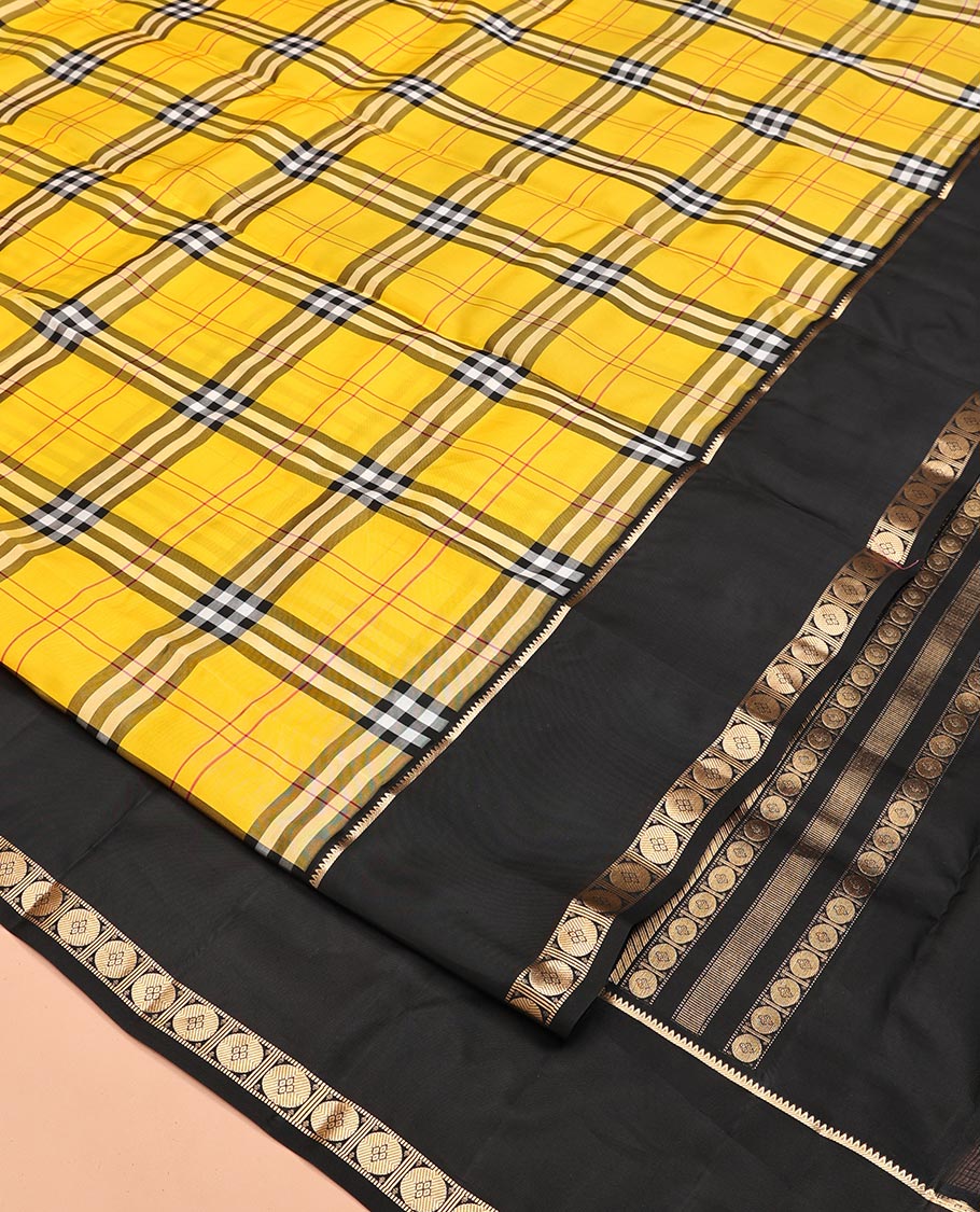 Yellow-Black Vasundhara Lite Silkmix Saree, Elevated with Checks, Contrast Rettai Pettu Border of Rekku and Poun, Zari-Striped Pallu, and a Contrast Blouse