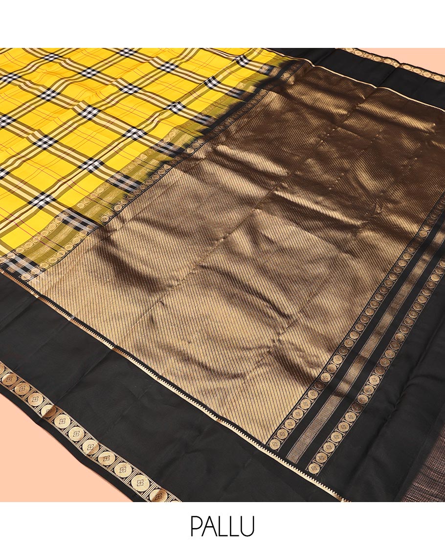 Yellow-Black Vasundhara Lite Silkmix Saree, Elevated with Checks, Contrast Rettai Pettu Border of Rekku and Poun, Zari-Striped Pallu, and a Contrast Blouse