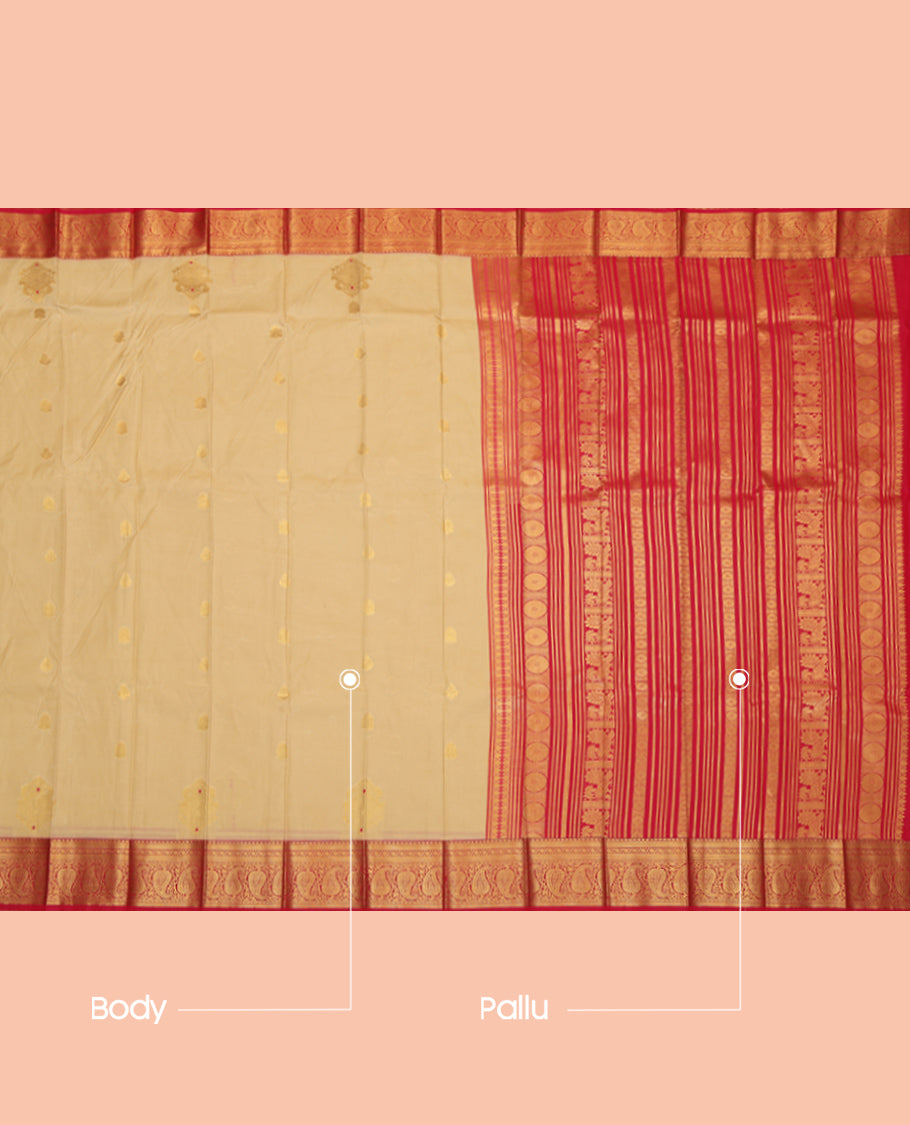 Sandal Budget Silk Saree, Spotlighted with Zari Buttas, Complemented by Contrast Traditional Zari Border, a Grand Pallu and a Contrast Blouse