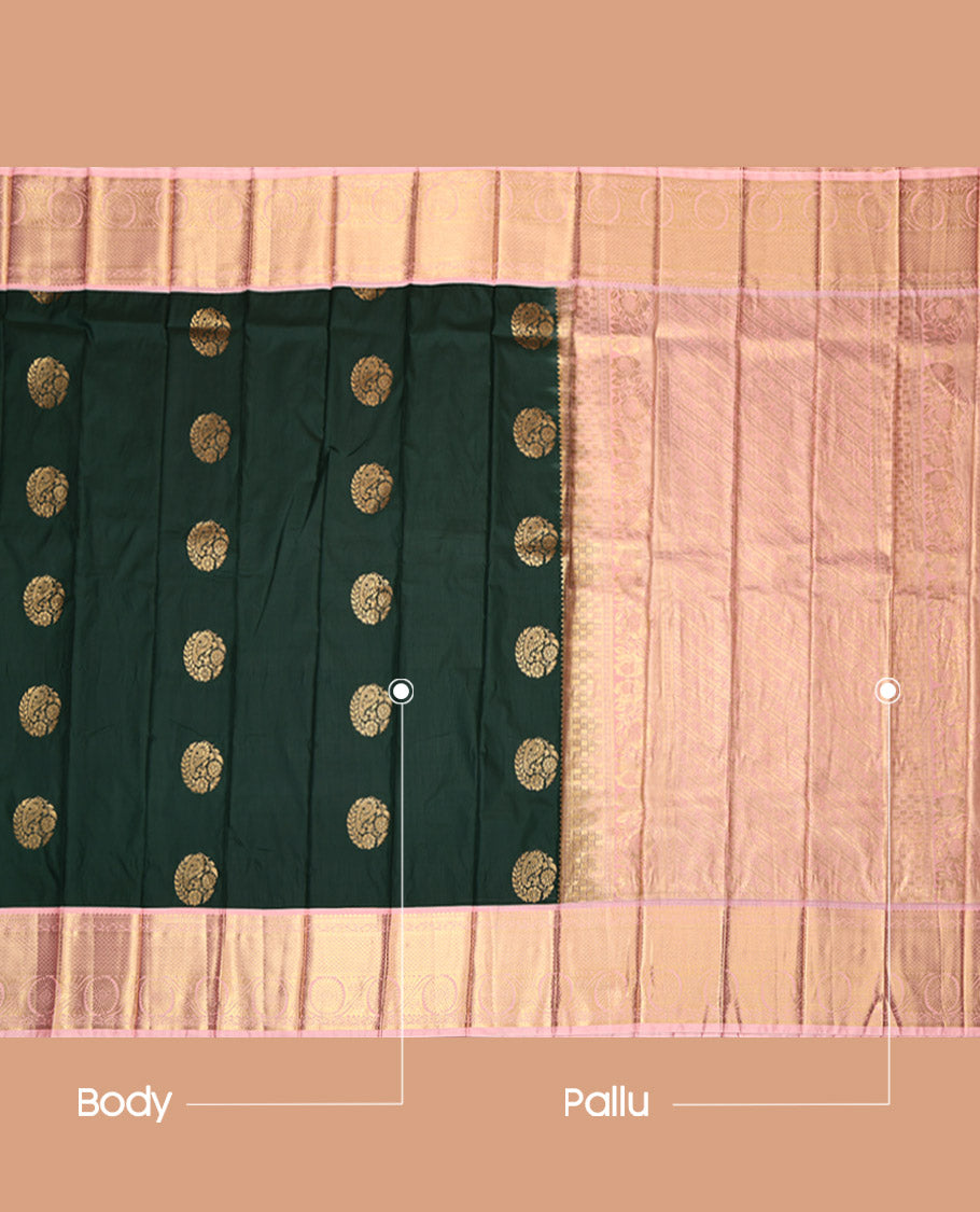 Green Budget Silk Saree, Prettified with Zari Buttas, Contrast Traditional Zari Border, Grand Pallu, and a Contrast Blouse