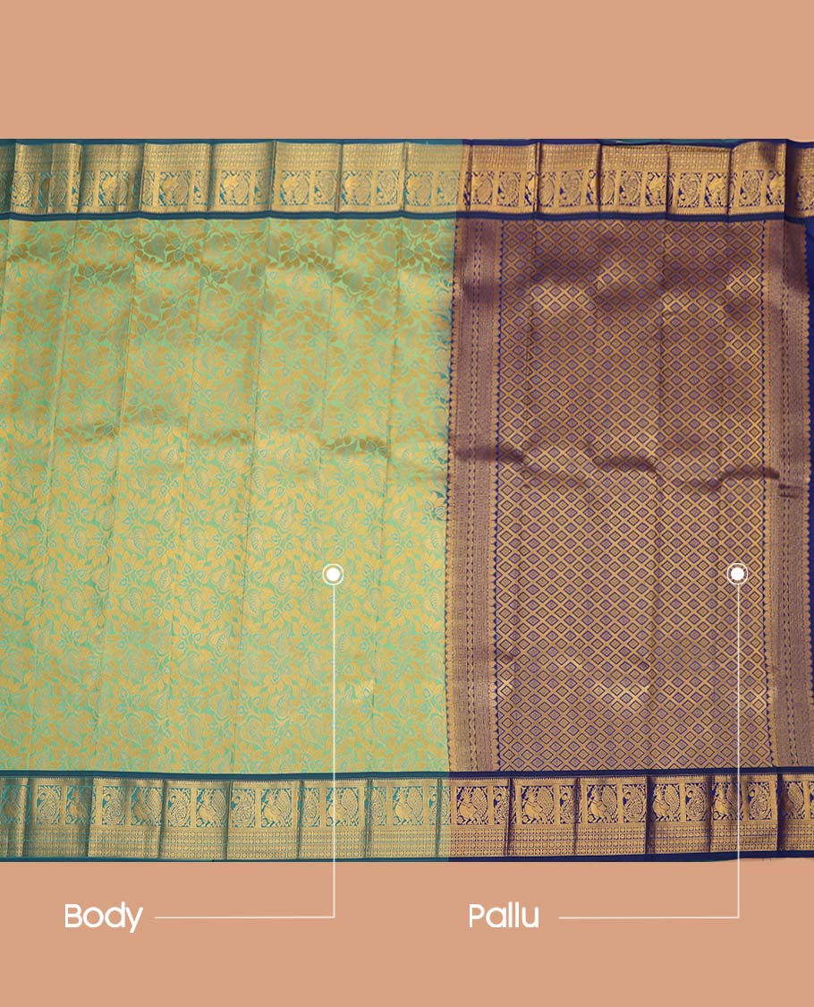 Green Budget Silk Saree, Enlivened with Floral Vine Design, Complemented by Contrast Traditional Peacock and Paisley Zari Border, a Jaal Pallu and a Contrast Blouse