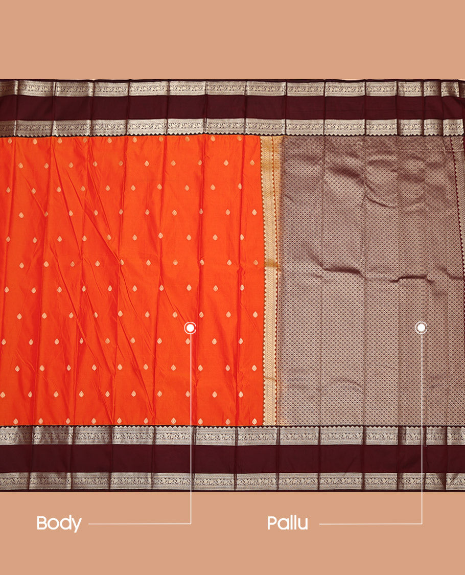 Orange Budget Silk Saree, Decked Up with Zari Buttas on Its Body, Complemented by a Contrast Traditional Zari Design Rettai Pettu Border, Grand Jaal Pallu, and Paired with a Contrast Blouse