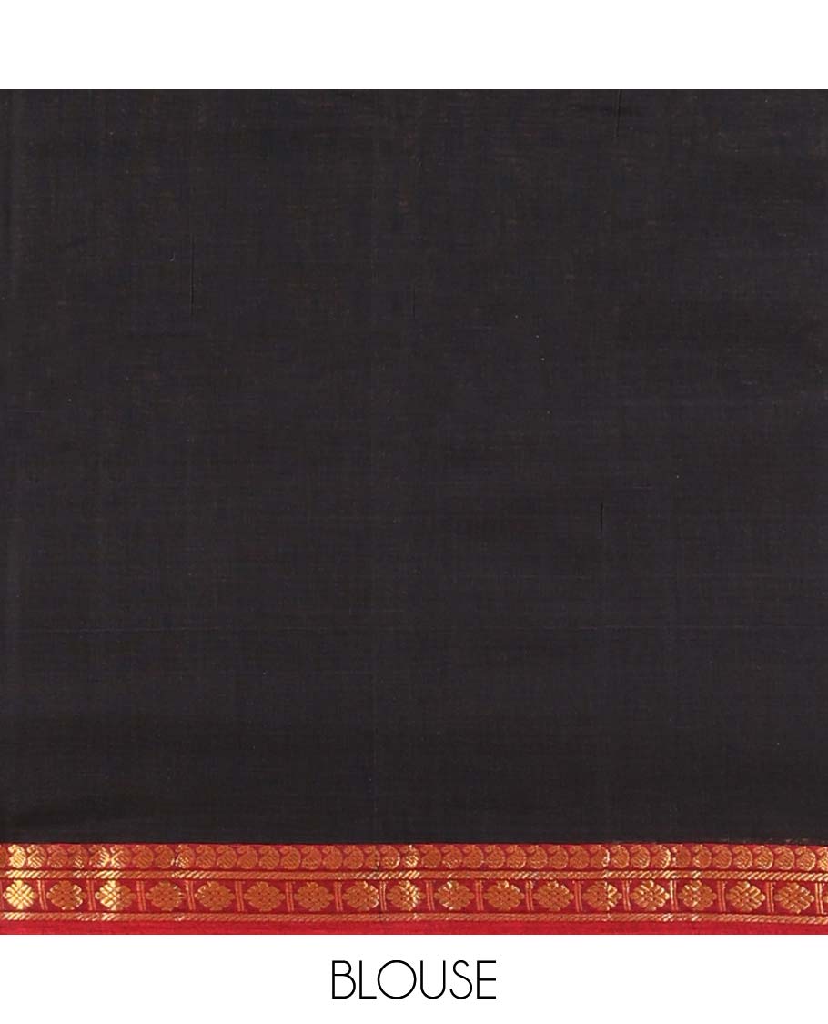 Black plain Narayanapet cotton saree, contrast traditional design border & striped pallu