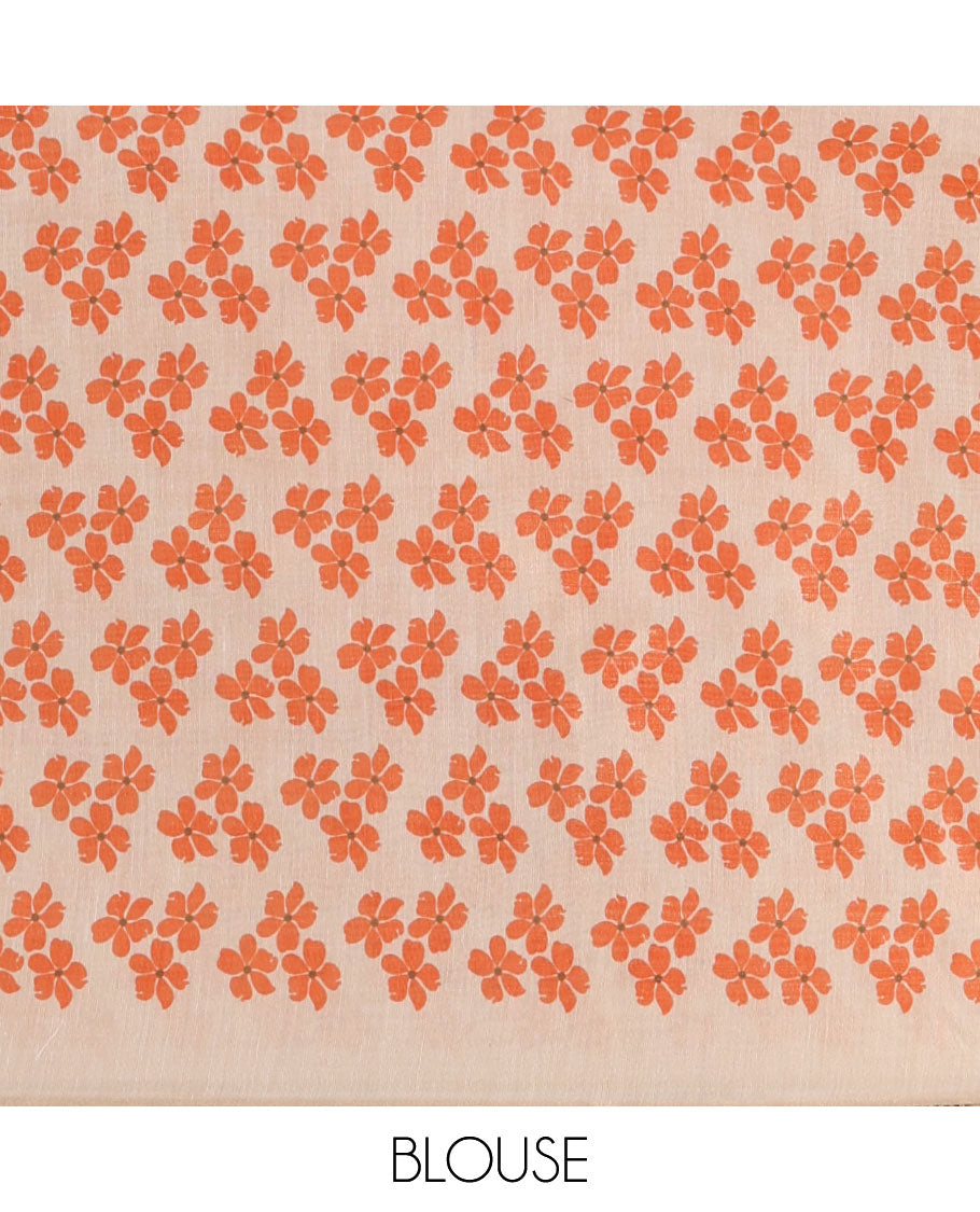 Borderless cream printed onam tissue silk saree features orange color five-petal flower & leaf motifs print, matching floral print blouse