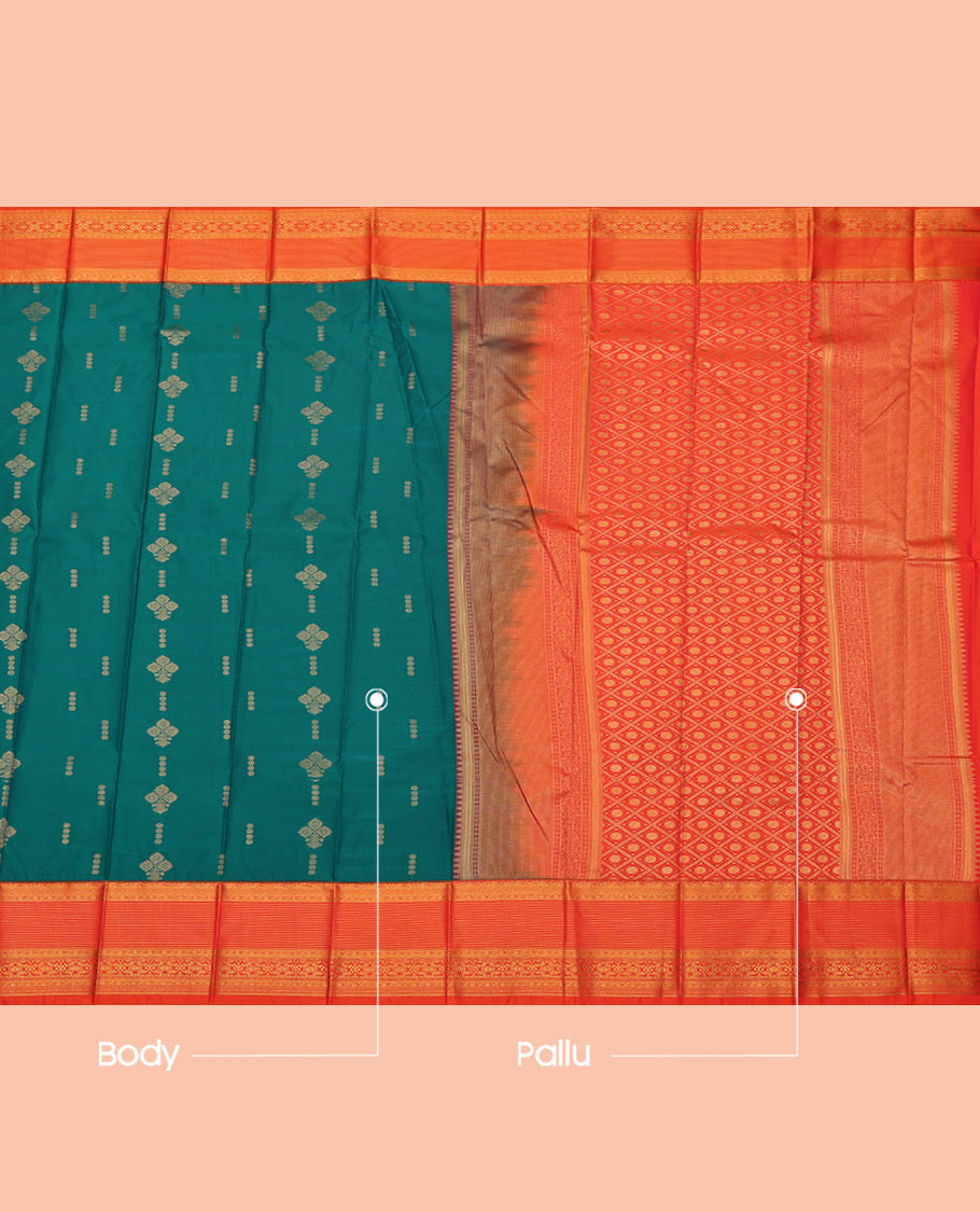 Green Budget Silk Saree, Showcasing Zari Buttas All Over Its Body, Complemented by a Contrast Traditional Zari Design Border, Grand Jaal Pallu, and Paired with a Contrast Blouse