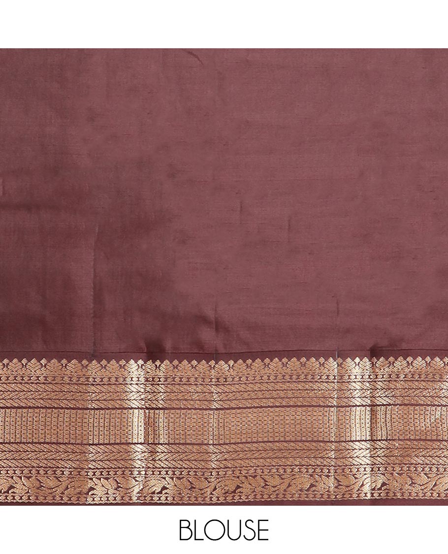 Orange floral jaal design kancheepuram silk saree with contrast border of thilakam mokku, banaras, muthu design & zari design pallu