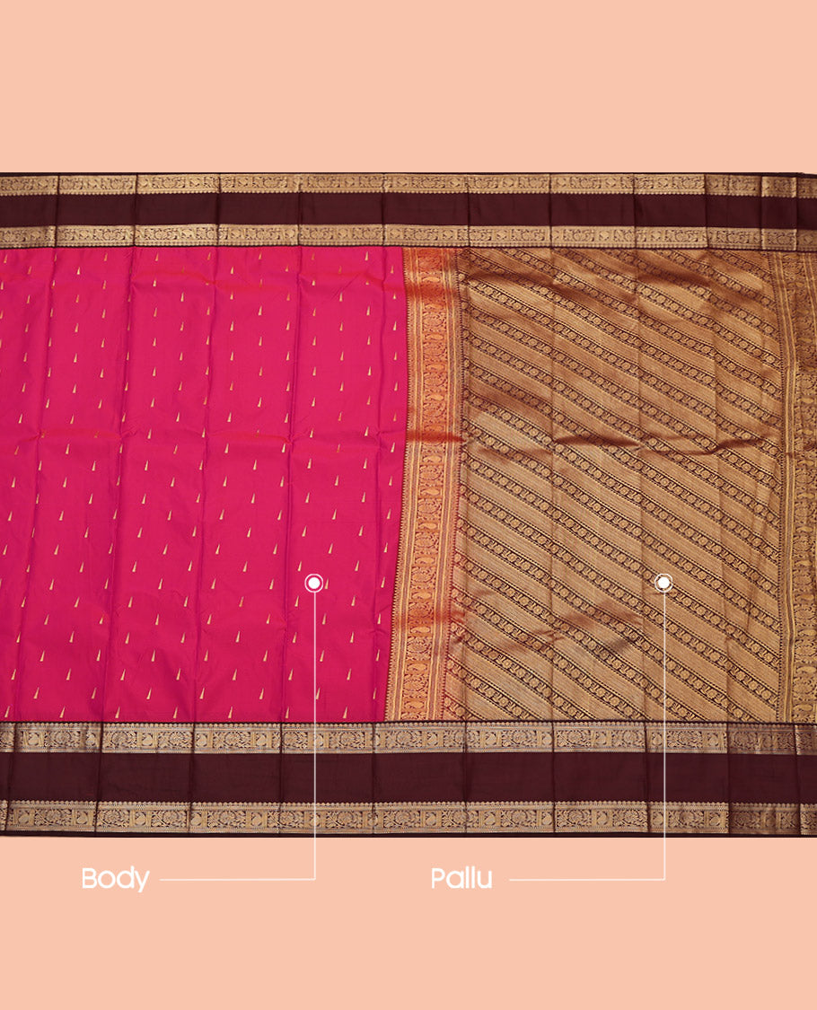 Pink Budget Silk Saree, Highlighted with Temple Buttas, Complemented by Contrast Traditional Rettai Pettu Border, Grand Pallu and a Contrast Blouse