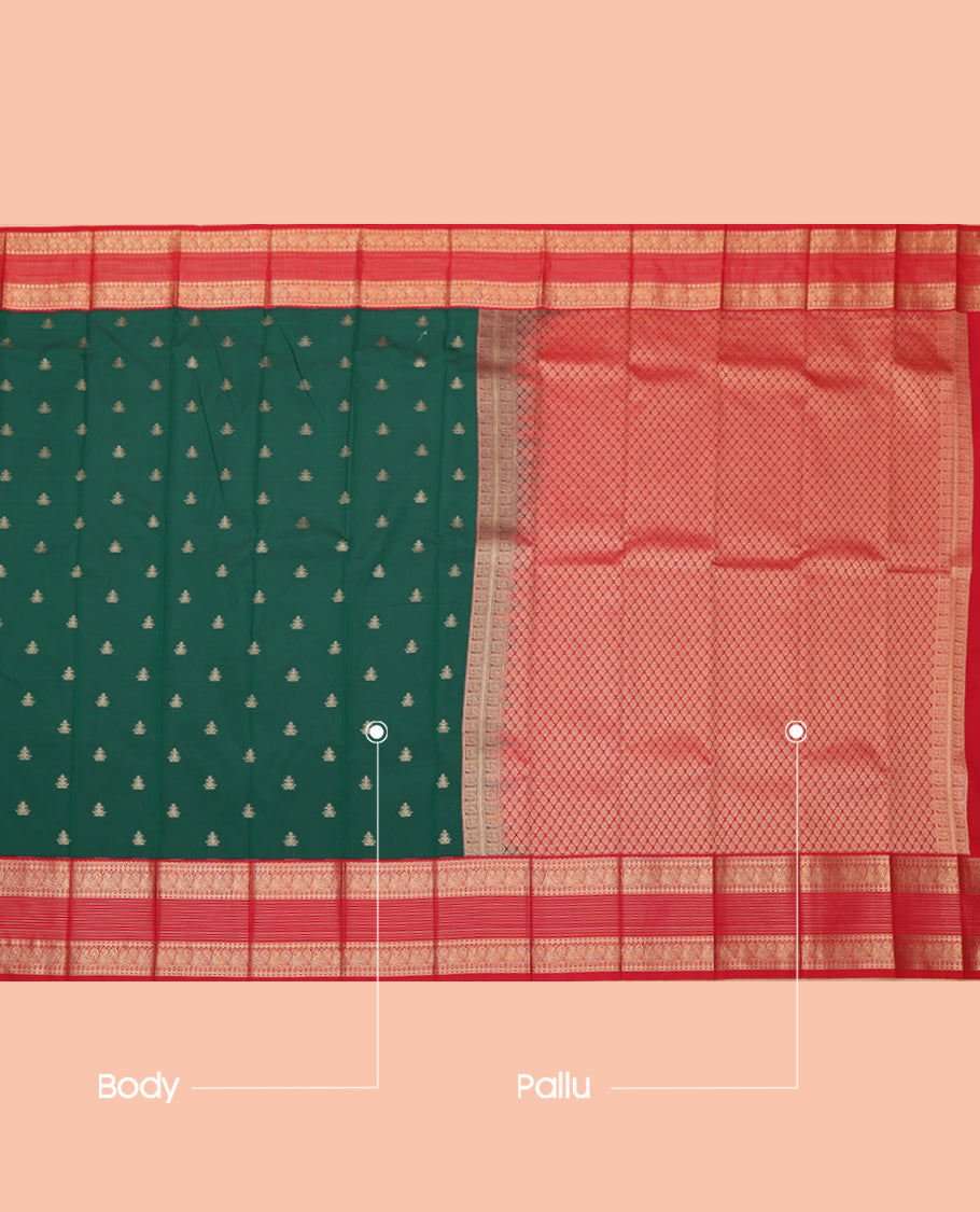 Green Budget Silk Saree, Beautifully Bedecked with Zari Buttas, a Contrast Traditional Zari Border, Grand Pallu, and a Contrast Blouse