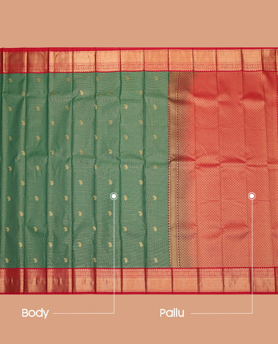 Green Budget Silk Saree, Embellished with Paisley Buttas and Checks, Captivating Contrast Traditional Zari Design Border, Grand Jaal Pallu, and a Contrast Blouse