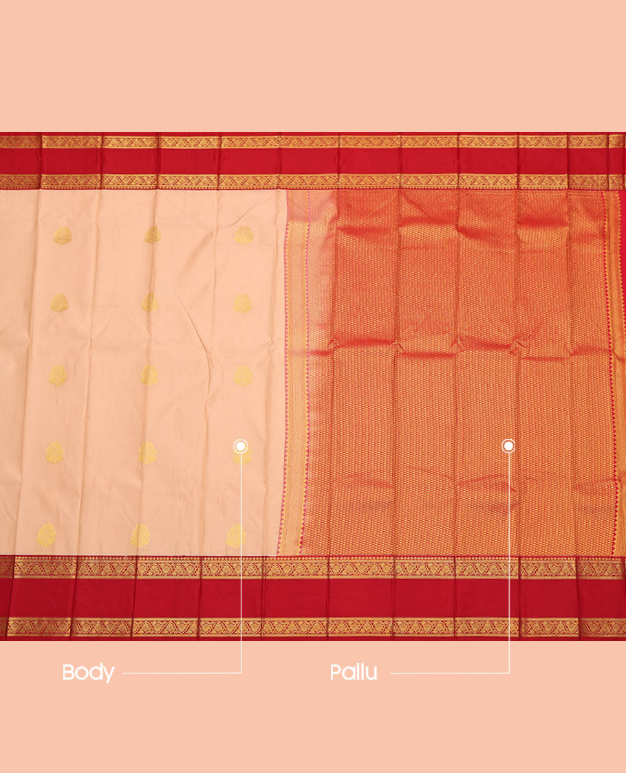 Peach Budget Silk Saree, Subtly Sparkled with Zari Buttas, Complemented by a Contrast Traditional Zari Rettai Pettu Border, Jaal Pallu, and a Contrast Blouse