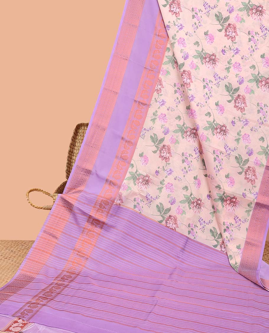 Light orange floral printed semi-banaras printed saree, contrast traditional design border & striped pallu