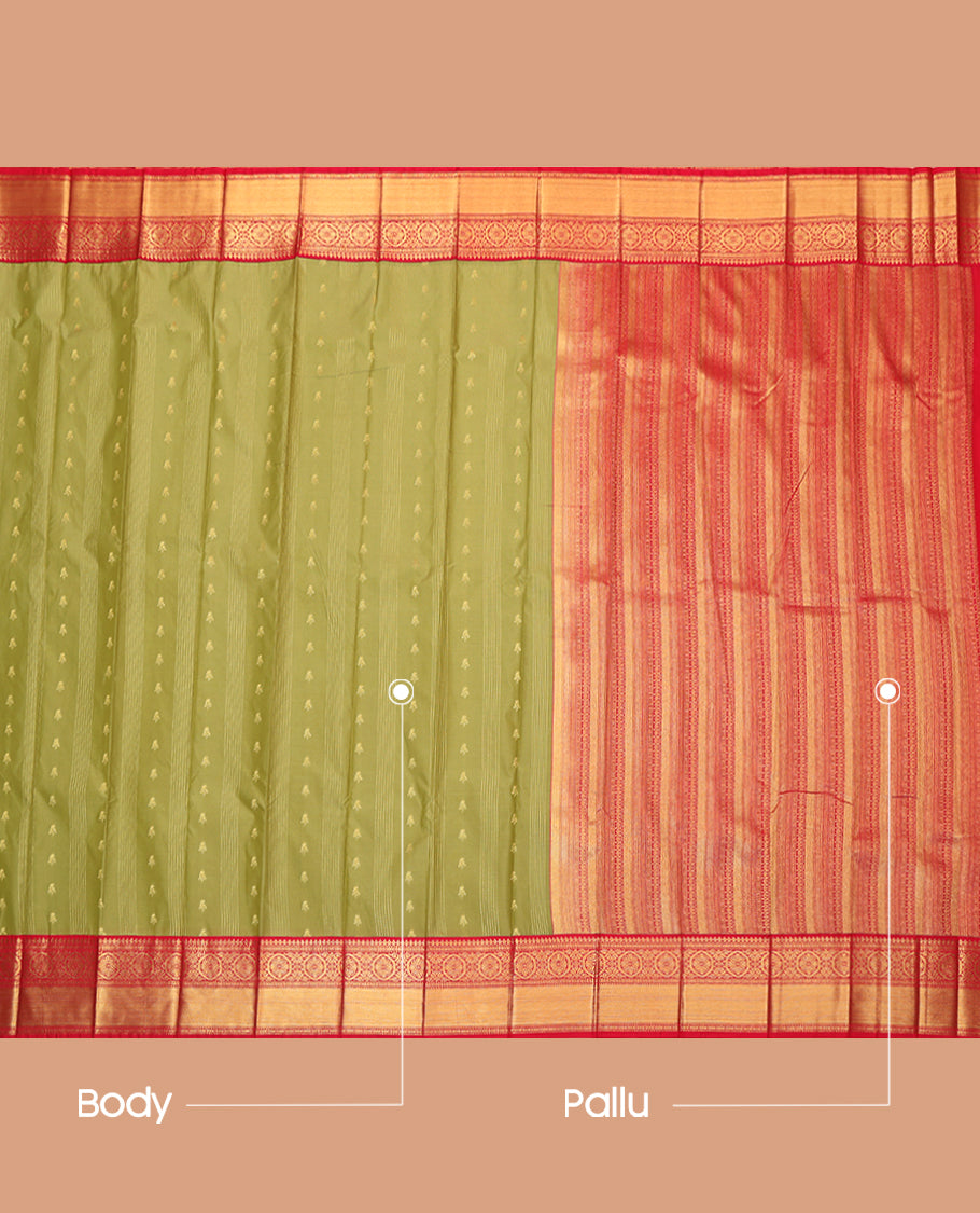 Green Budget Silk Saree, Elevated with Zari Buttas and Stripes, Complemented by a Contrast Traditional Zari Border, Grand Jaal Pallu, and Contrast Blouse
