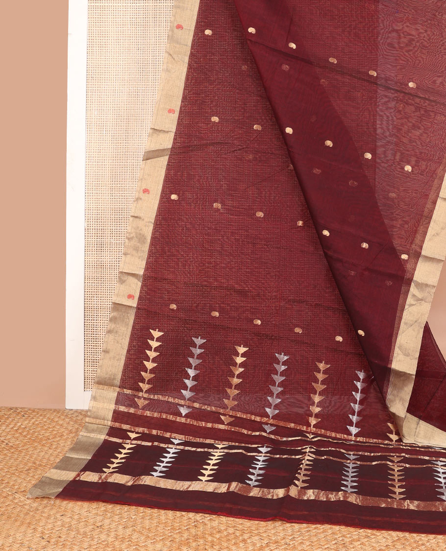 Brown paisely design chanderi cotton saree with contrast border & geometric design pallu