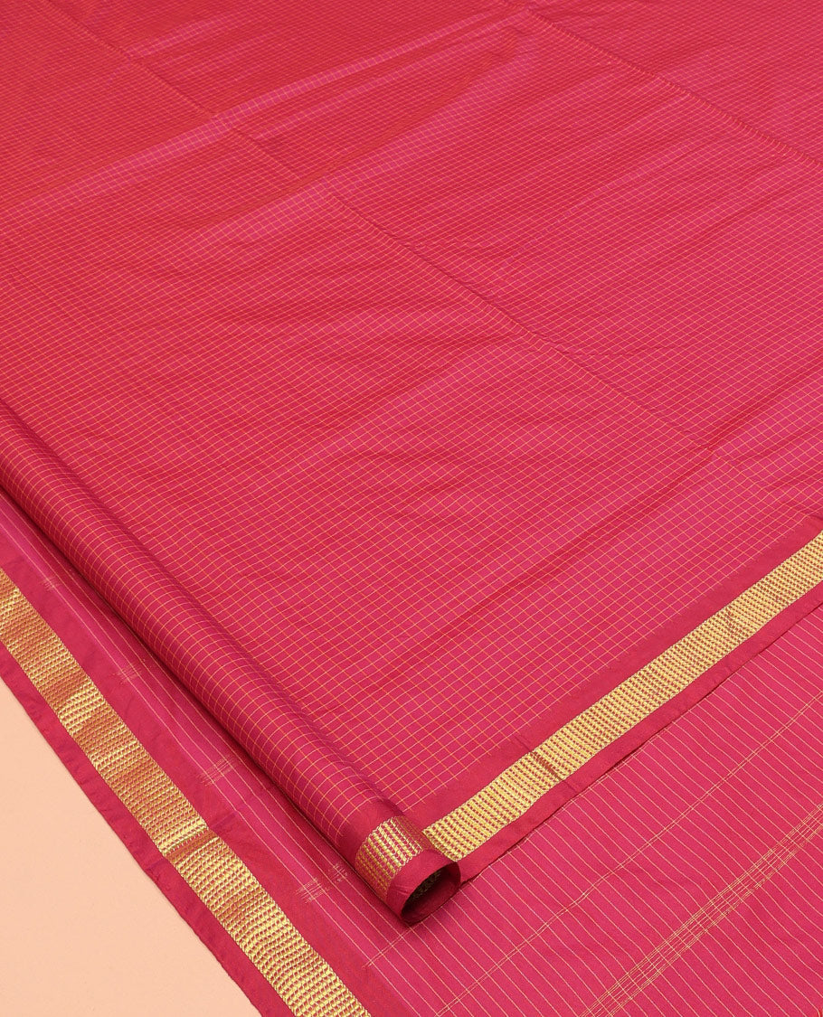 Dark Pink Checked Yard Saree, a Zari Border, Striped Pallu, and No Blouse
