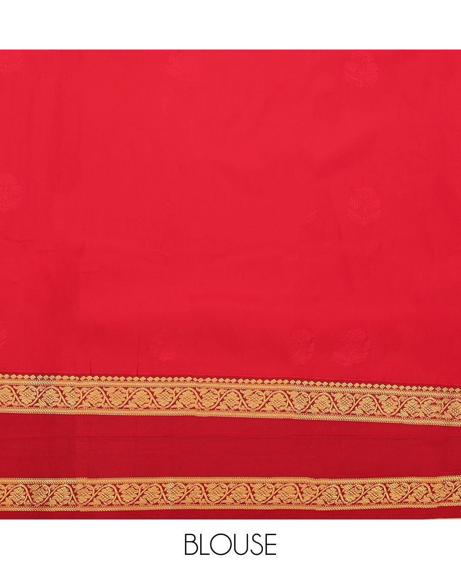 Peach Budget Silk Saree, Subtly Sparkled with Zari Buttas, Complemented by a Contrast Traditional Zari Rettai Pettu Border, Jaal Pallu, and a Contrast Blouse