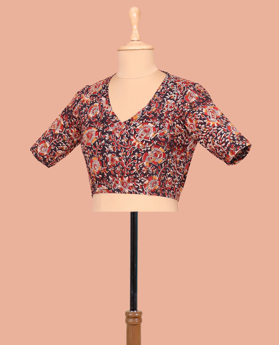 Black Cotton Readymade Blouse Accentuated with All-Over Floral Print, Front V-Neck, Back Closed Neck, and Elbow Sleeves
