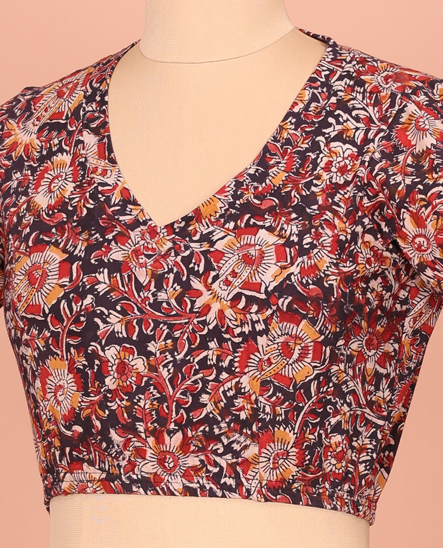 Black Cotton Readymade Blouse Accentuated with All-Over Floral Print, Front V-Neck, Back Closed Neck, and Elbow Sleeves