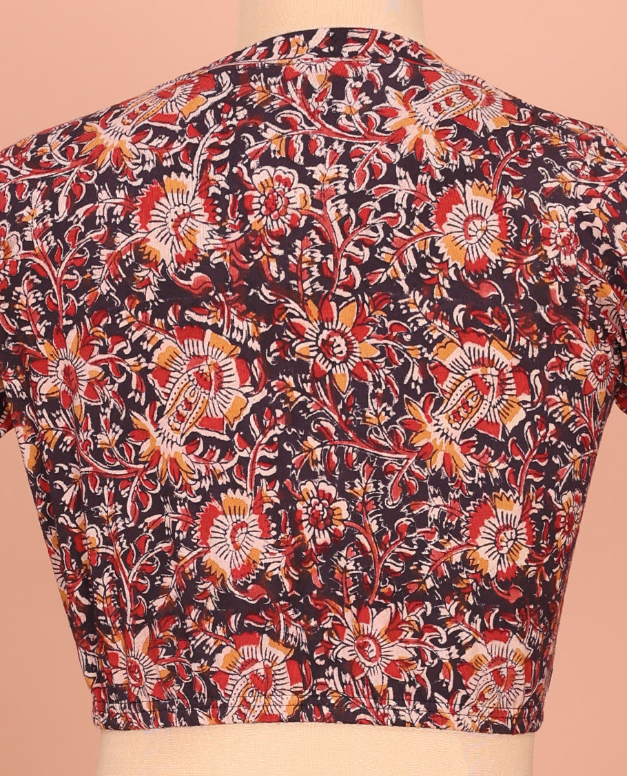 Black Cotton Readymade Blouse Accentuated with All-Over Floral Print, Front V-Neck, Back Closed Neck, and Elbow Sleeves