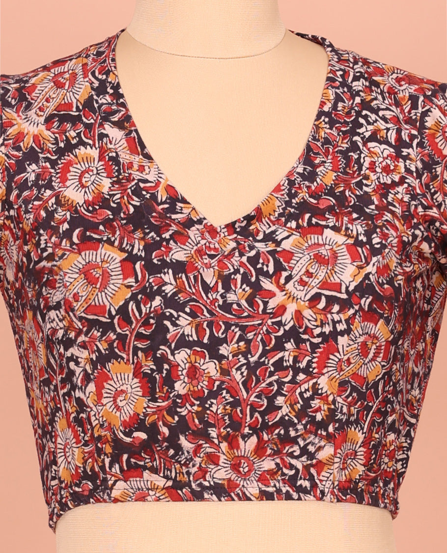 Black Cotton Readymade Blouse Accentuated with All-Over Floral Print, Front V-Neck, Back Closed Neck, and Elbow Sleeves