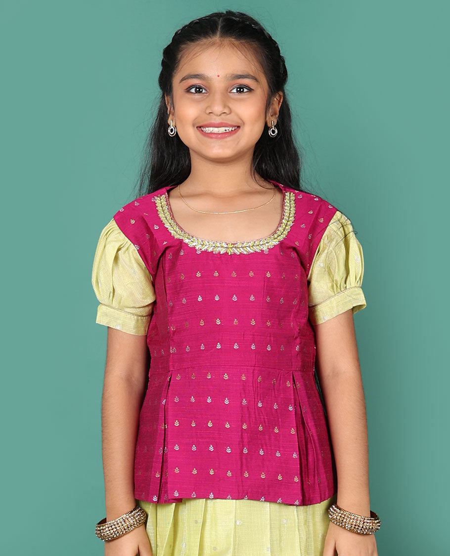 Green readymade art silk pavadai, zari buttas & floral vine border skirt & contrast zari buttas round neck puff-sleeve blouse