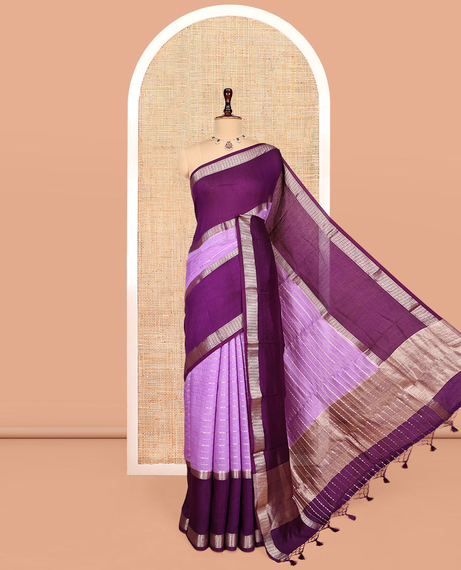 Lavender Zari Striped Assam Silk Saree, Complemented by a Contrast Traditional Zari Border, Zari-Striped Pallu, and a Contrast Blouse