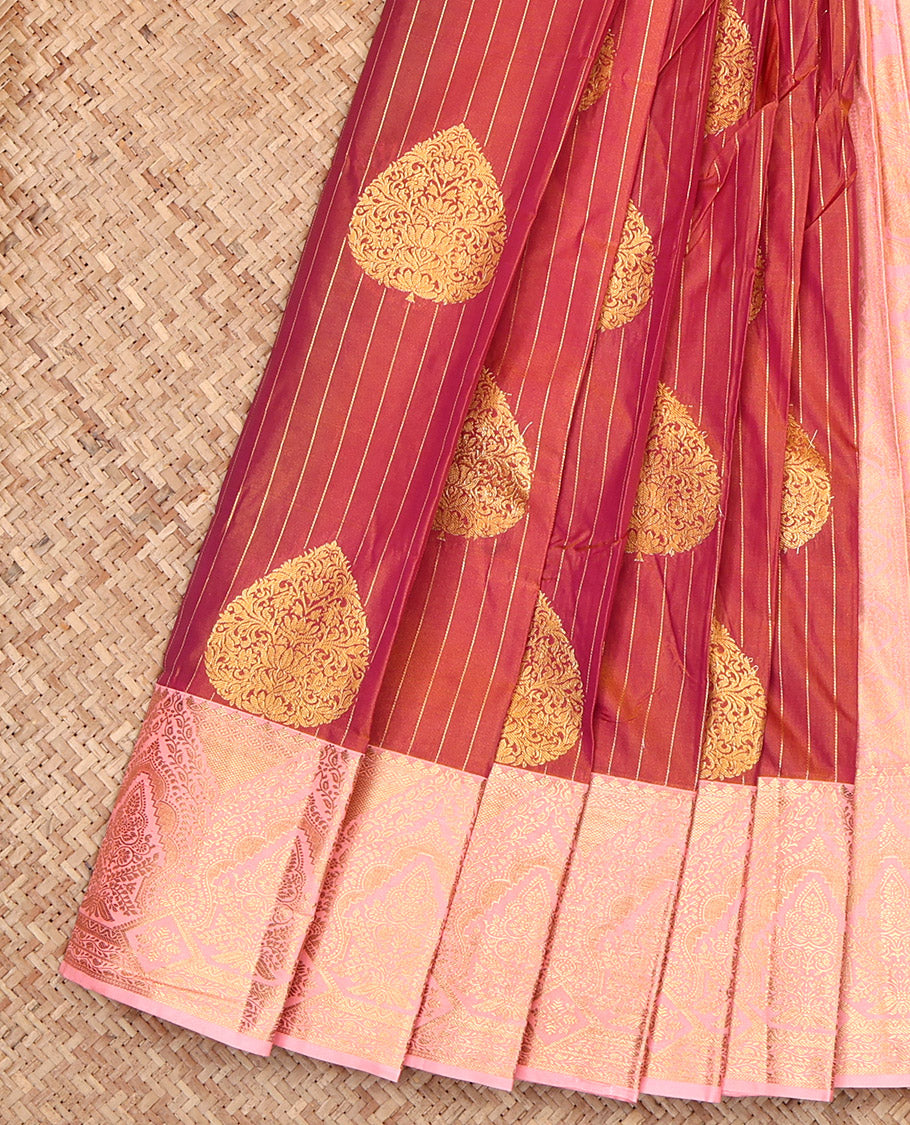 Dark Peach Budget Silk Saree, Adorned with Zari Buttas and Stripes, Complemented by a Contrast Traditional Border, Grand Pallu, and a Contrast Blouse