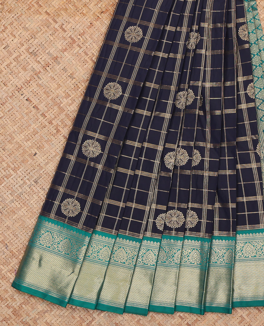 Blue Budget Silk Saree, Elevated with Zari Buttas and Checks, Complemented by a Contrast Traditional Zari Border, Grand Jaal Pallu, and Contrast Blouse